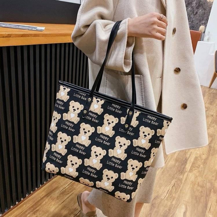 Whimsical Elegance: Cartoon Bear Print Tote Bag with Bag Charm